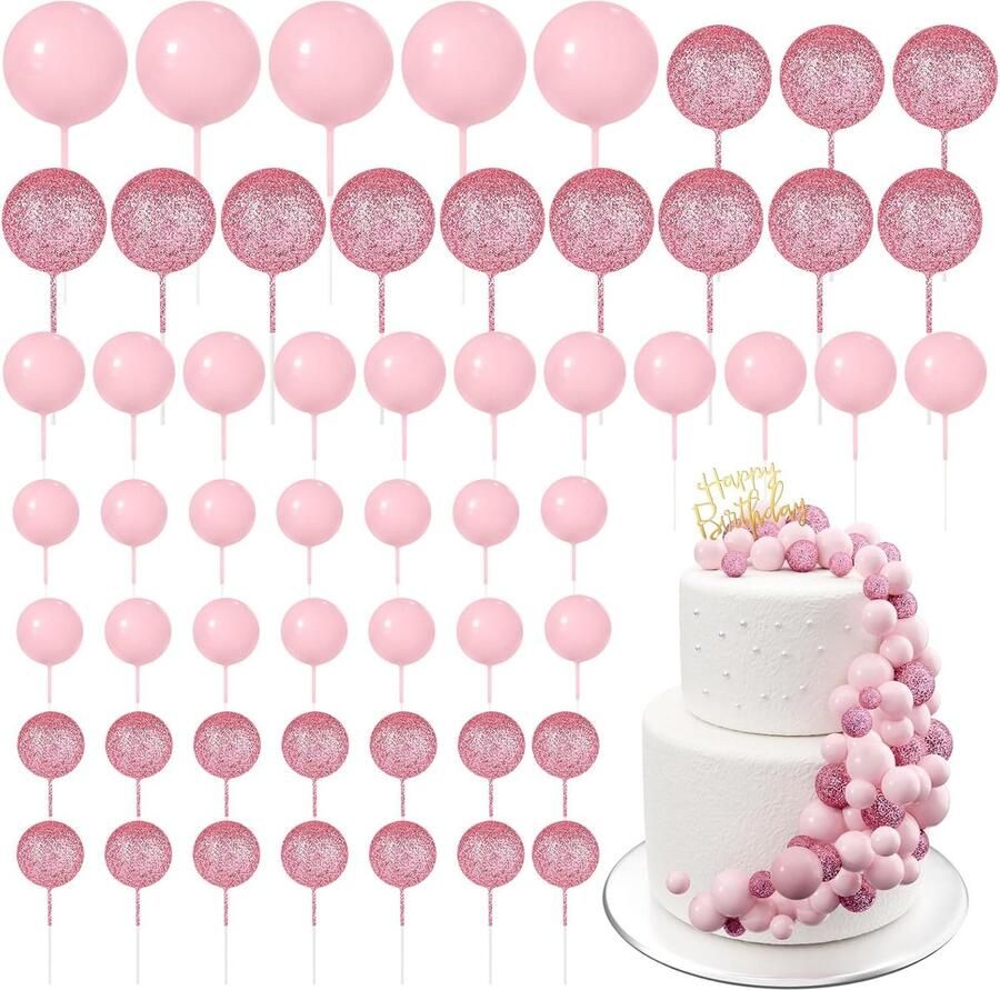 Lot van 60 taartdecoratie-ballen Mini-ballonnen Voor taartdecoratie verjaardag feest babyshower (roze met glitter)