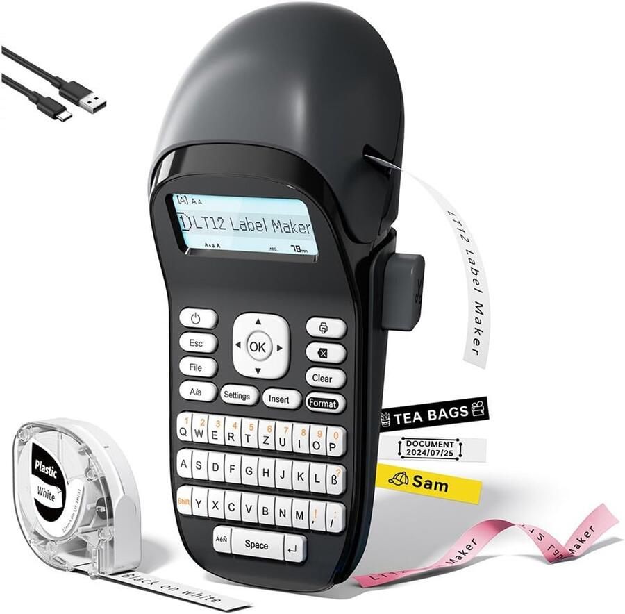 LT12 Labelprinter zelfklevend met accu draagbaar labelapparaat handapparaat met QWERTZ-toetsenbord labeleerapparaat bluetooth voor naamstickers school thuis en kantoor plug-and-play