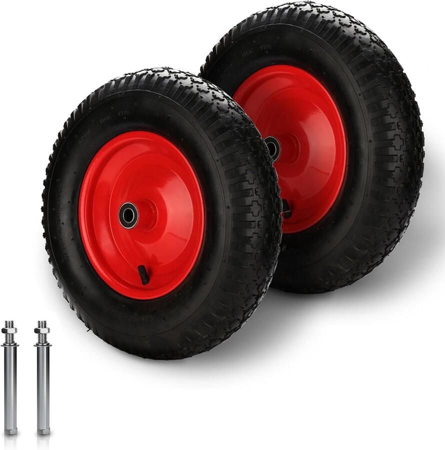 Luchtbanden 4 80 4 00-8 Ø 390 mm PU rubberen wiel met as 200 kg draagkracht reservewiel bandbreedte 95 mm voor kruiwagen tuinwagen zwart rood 2 stuks