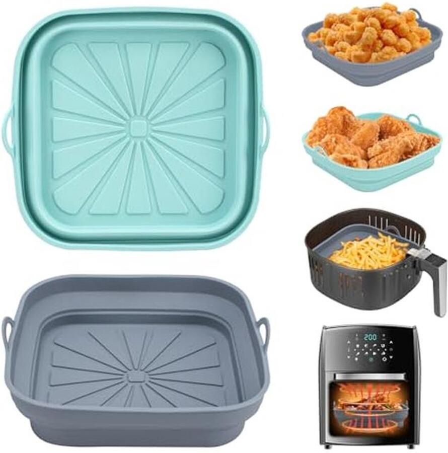 Luchtfriteuse Bakvormen Airfryer Mand Bakken en Braden Opvouwbaar Ontwerp 2 Stuks Lichtblauw en Grijs
