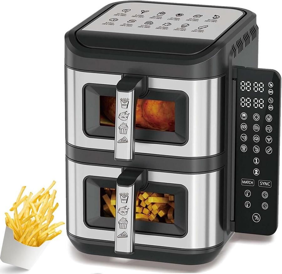 Luchtfriteuse Dubbele Mand Airfryer Twee Bakken Gezond Koken Dubbele Kijkvensters 12L Totaal Zwart