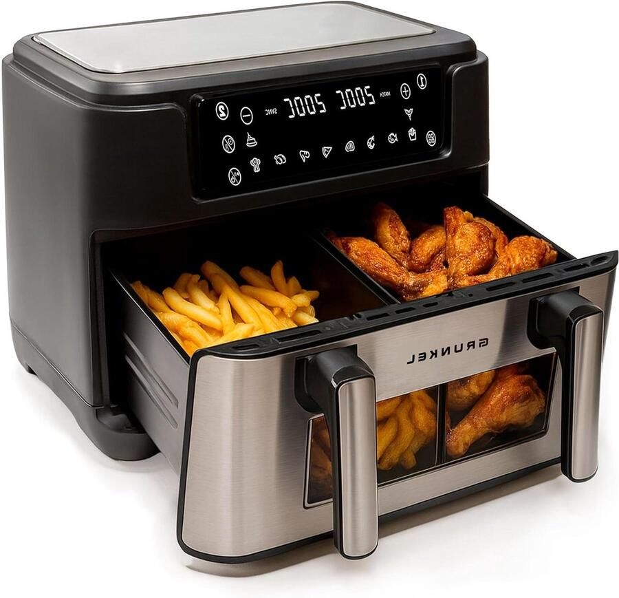 Luchtfriteuse Dubbele Tank Heteluchtfriteuse Airfryer Gezinsmaaltijden Bereiden Onafhankelijke Mand Bediening 9 Liter Capaciteit Zwart en Zilver