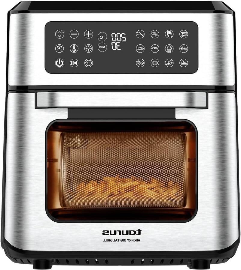 Luchtfriteuse en Oven Heteluchtoven Veelzijdig Koken 99% Minder Vet 12 Liter Capaciteit Zilverkleurig