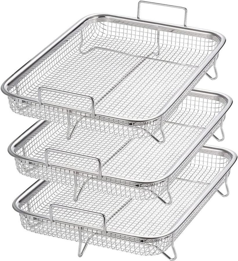 Luchtfriteuse Manden Grillmand Set Koken en Bakken Roestvrijstaal Non-Stick 34 x 27 x 17 cm Zilver