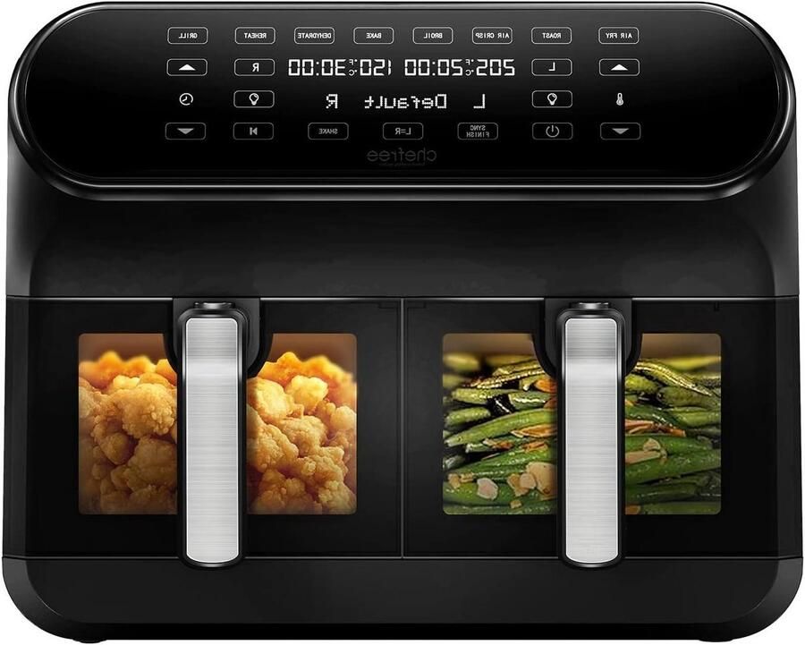 Luchtfriteuse met Dubbele Mand Airfryer Heteluchtfriteuse Gezond Koken Dubbel Zichtvenster 8 Liter Zwart