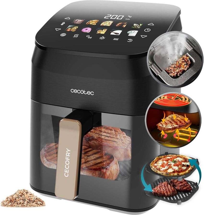 Luchtfriteuse met Grill Multicooker Roker Gezond Koken Dubbele Grill Rookfunctie 4.5 Liter Roestvrij Staal