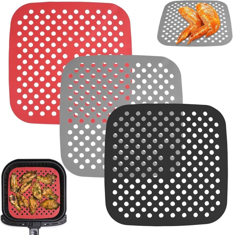 Luchtfriteuse Siliconen Matten Set van 3 Geperforeerde Anti-aanbak Liner voor Airfryer 21 5 x 21 5 cm