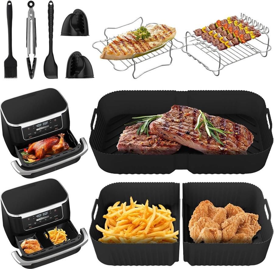 Luchtfriteuse voering voor Ninja Foodi Flexlade AF500UK AF500UKCP 1 x 10 4L + 2 * 5 2 l grote dubbele heteluchtfriteuse accessoires inclusief Air Fryer manden grillrek handschoenen