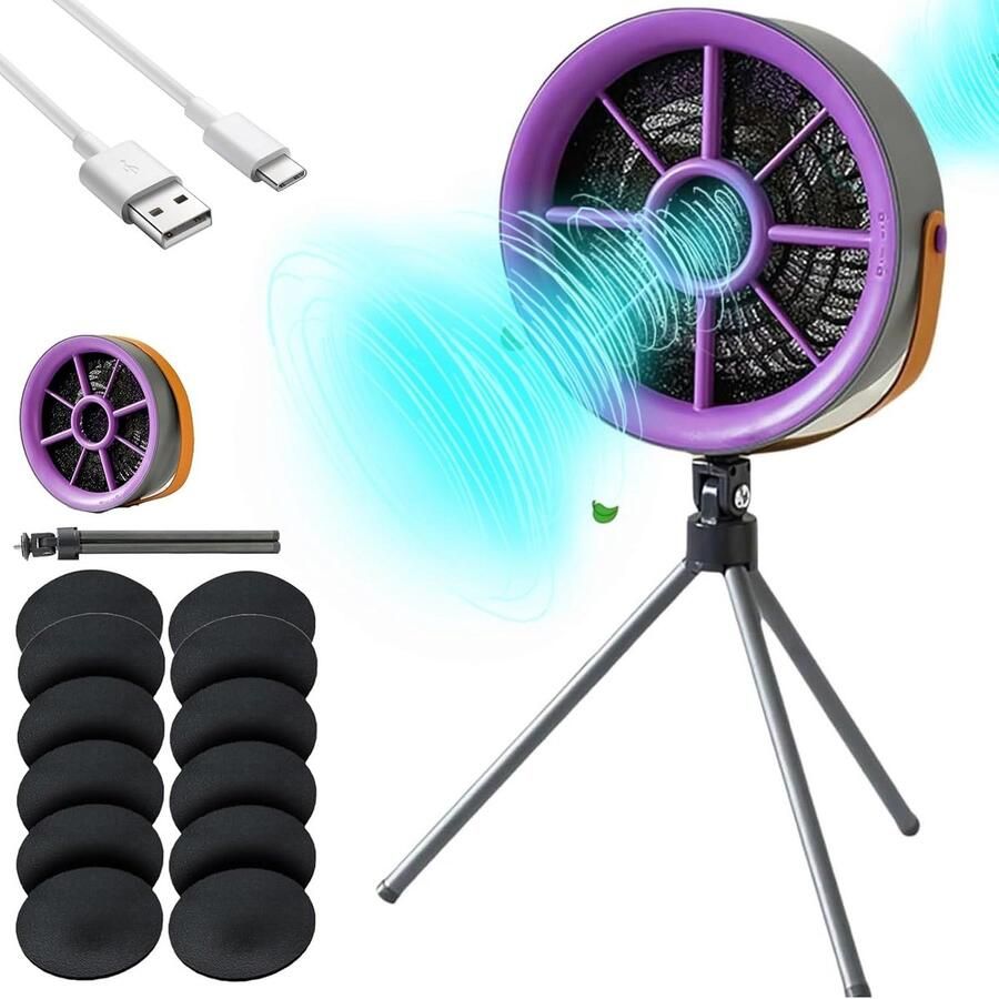 Luchtreinigende ventilator draagbare ventilator met luchtreiniger voor binnenshuis roken (inclusief 12 filterpads) geschikt om op te hangen of neer te zetten paars opladen via Type-C drie snelheidsstanden