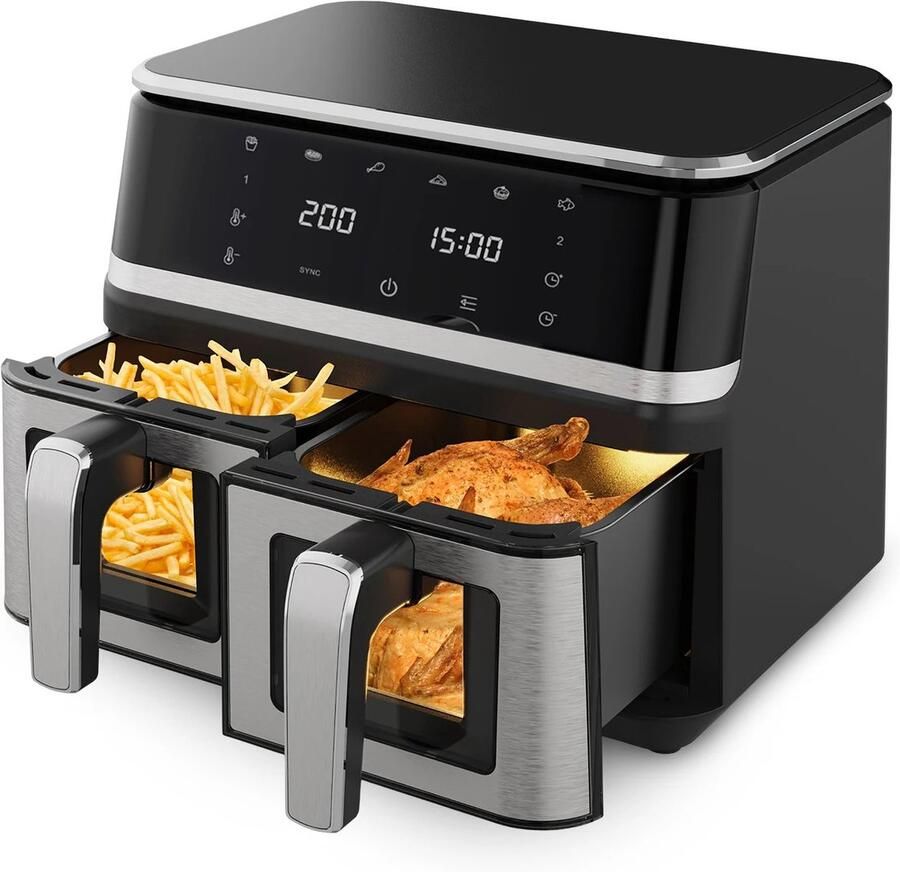 LUMÈ STORE Airfryer 9L Dual Zone – Heteluchtfriteuse – 2000W – Dubbele Mand – Touchscreen – 12 Programma s – Kijkvenster – RVS – Zwart