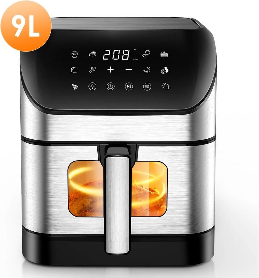 LUMÈ STORE airfryer XXL 9 Liter Heteluchtfriteuse 10 Kookprogramma's 1800W Vetarm koken Touchscreen Zilver