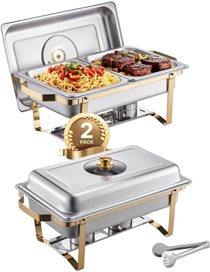 LUMÈ STORE Luxe Buffetset Roestvrijstaal Buffetwarmer 2 Stuks Catering Chaving Dish Set 3.8 L Per Pan Zilver Goud