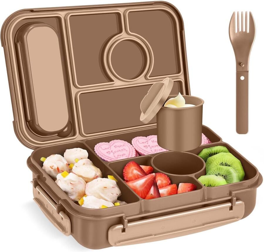 Lunch Box Adults Kids Bento Box Kids 1300ML- 5 vakken Lekvrij Lunchbox met sausdoos Lunchbox Voor Volwassenen Lunch Container Snackbox Sandwichbox Herbruikbaar (Bruin)