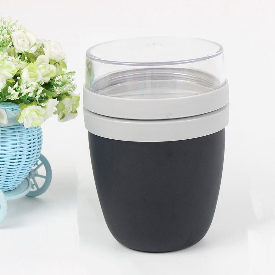 Lunchbeker Havermoutpot Reisbeker Bewaarbeker Yoghurt- en granolascheider 500 + 200 ml Lunchportie Individuele compartimenten Vriezer- en vaatwasserbestendig Zwart