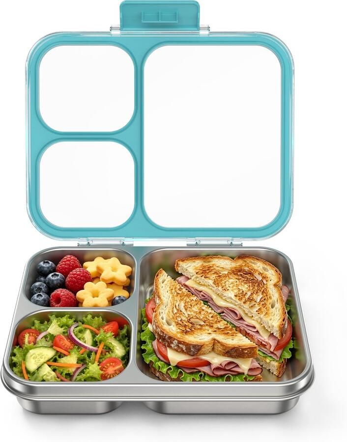 Lunchbox met 4 vakken metalen bento lunchbox voor kinderen lekvrije brooddoos kleuterschool school sandwichbox broodtrommel vaatwasmachinebestendig blauw