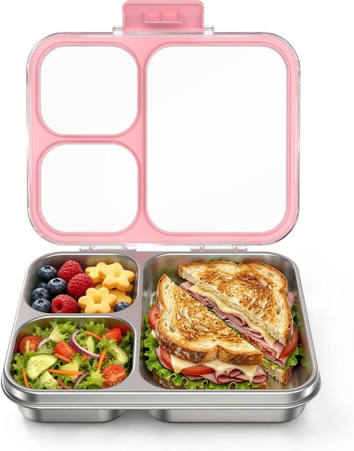 Lunchbox met 4 vakken metalen bento lunchbox voor kinderen lekvrije brooddoos kleuterschool school sandwichbox broodtrommel vaatwasmachinebestendig (roze)