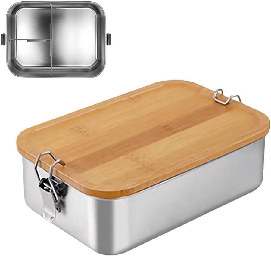 Lunchbox voor volwassenen en kinderen roestvrij staal broodtrommel met 2 vakken 3 vakken metalen doos met houten deksel BPA-vrij metalen brooddoos ontbijtbox voor school uitstapjes (1200