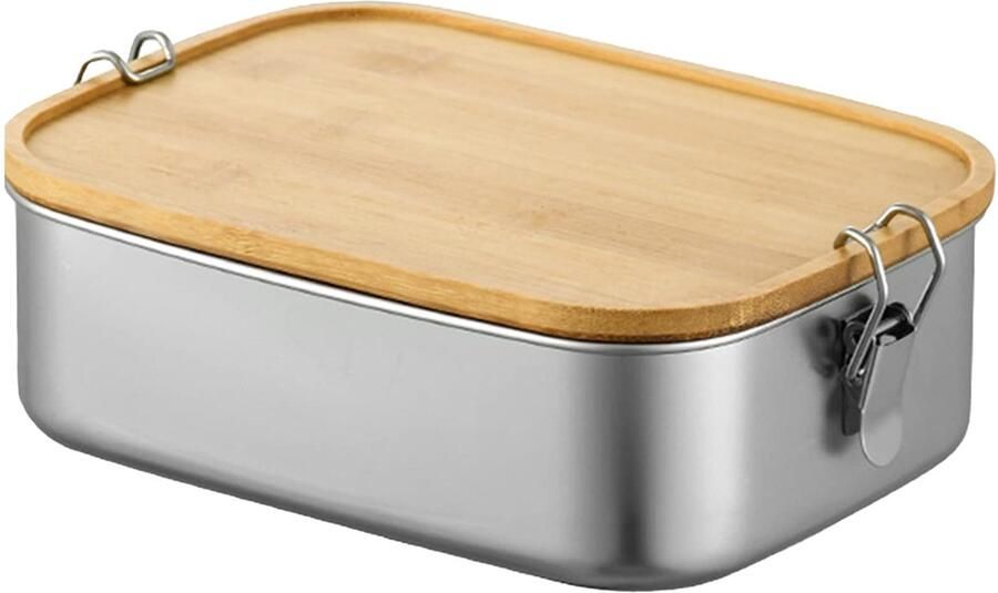 Lunchbox voor volwassenen en kinderen roestvrijstalen BPA-vrije voedselcontainers met houten deksels; ontbijtbox; perfect voor schoolpicknicks reizen (1500 ml)
