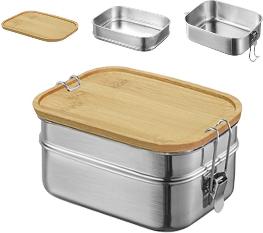 Lunchbox voor volwassenen en kinderen roestvrijstalen broodtrommel met 2 vakken metalen doos met houten deksel BPA-vrij metalen brooddoos ontbijtbox voor school uitstapjes