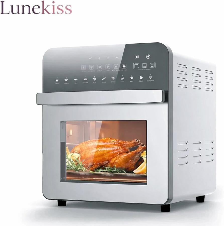 Lunekiss 15L luchtfriteuse oven 11‑in‑1 met dubbele verwarming roestvrij staal 1700W draaispit & dehydrator
