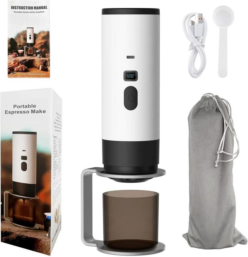 Lunekiss 3-in-1 Draagbare Mini To-Go Espressomachine 12V 7800mAh Type-C Display 90°C Nespresso Dolce Gusto & Gemalen Wit