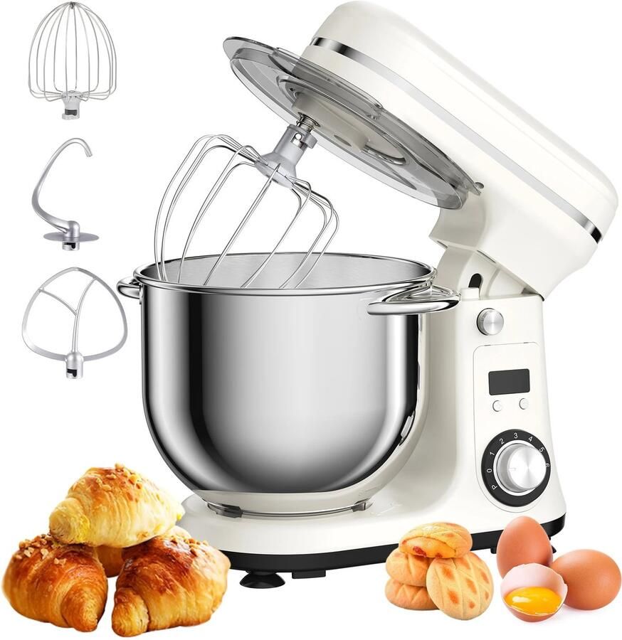 Lunekiss 6L keukenmixer met 1200W stille DC‑motor 6 snelheden LED‑timer RVS mengkom en accessoires – Wit