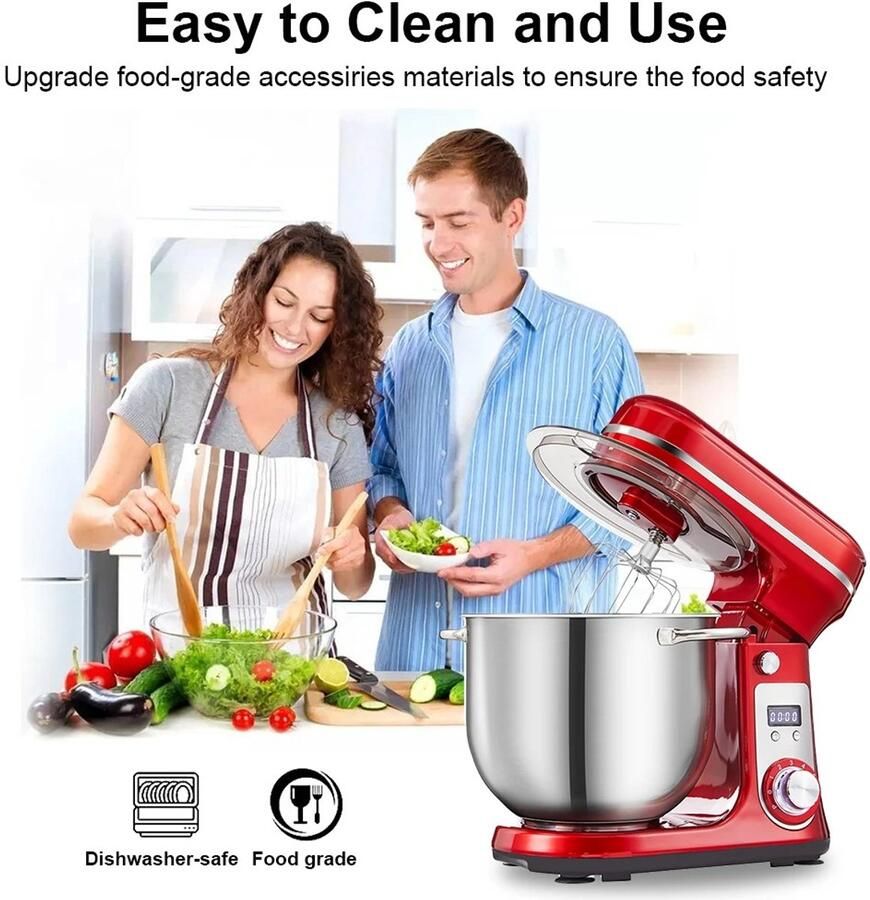 Lunekiss 6L keukenmixer met 1200W stille DC‑motor 6 snelheden LED‑timer RVS mengkom en accessoires – Grijs