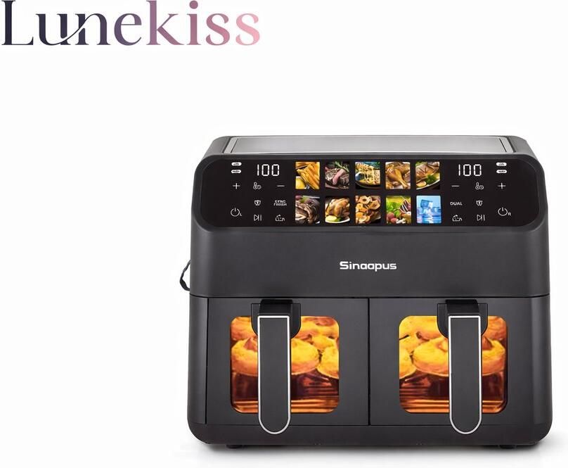 Lunekiss Dual Airfryer 9L 2x4 5L – Dubbele Mand – 2000W – LED Touchscreen – 10 Programma s – 80-200°C – met Kijkvenster