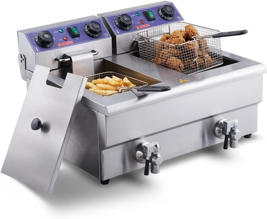 Lunekiss dubbele elektrische friteuse 2x11L met aftapkranen professionele horeca frituurpan 3000W RVS