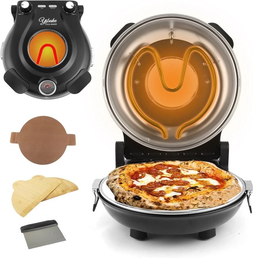 Lunekiss Elektrische Pizzaoven 12 inch met Keramische Pizzasteen – tot 420°C – 1200W – Kijkvenster – Timer 0–10 min