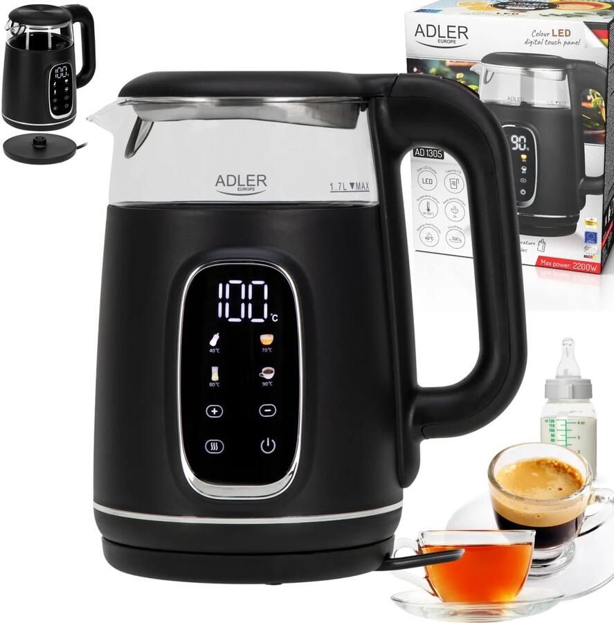 Lunekiss Glazen Waterkoker 1 7L 2200W – 5 Temperatuurstanden (40-100°C) – 2u Warmhouden – LED Touch – Kalkfilter – 360°