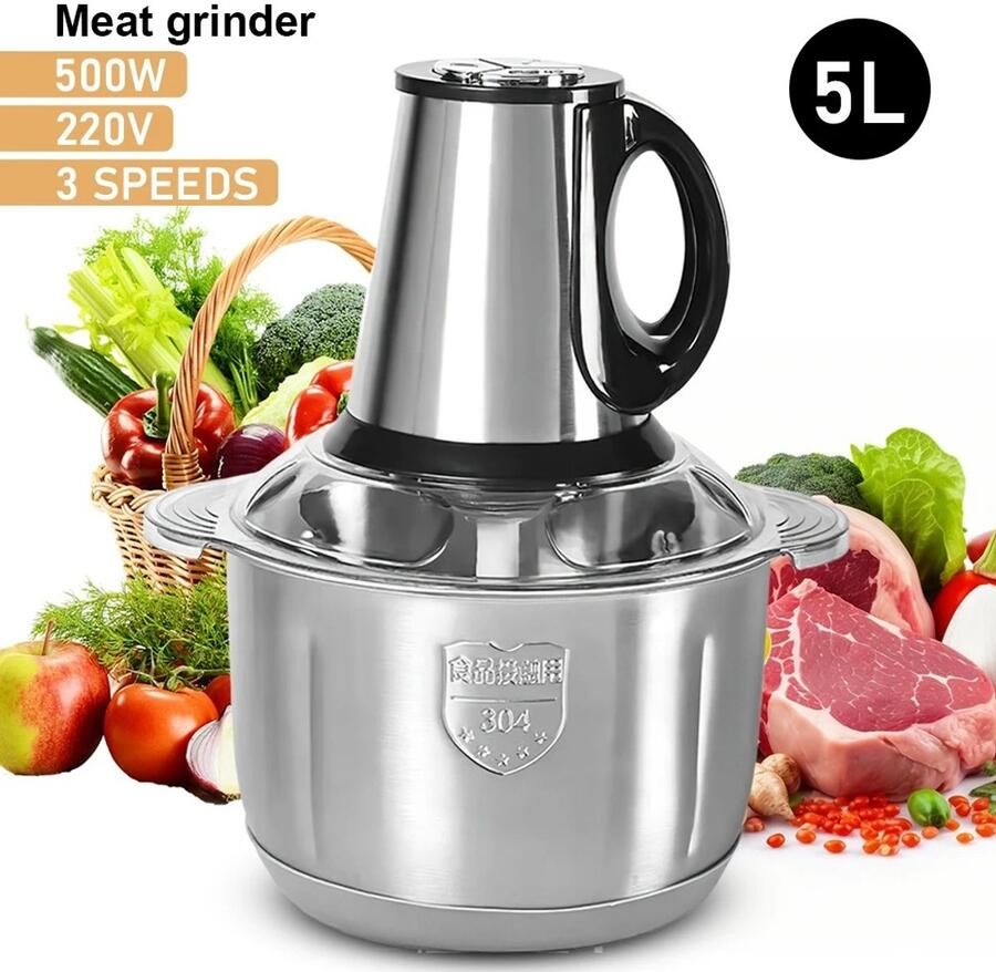 Lunekiss Hakmolen 5L RVS 304 – Elektrische Vlees- & Groentehakker 500W – 5-Blads Mes – Babyvoeding & Hondenvoer