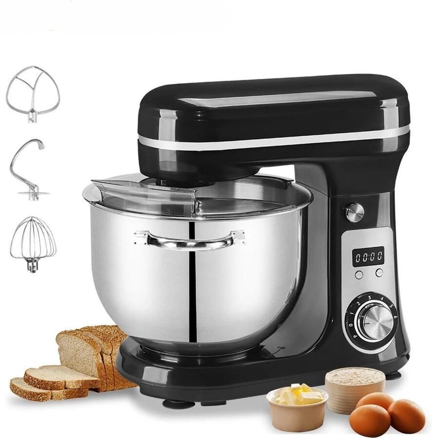 Lunekiss Keukenmixer 6L met RVS mengkom LED-timer en 1200W stille DC-motor 6 snelheden standmixer met accessoires set Zwart