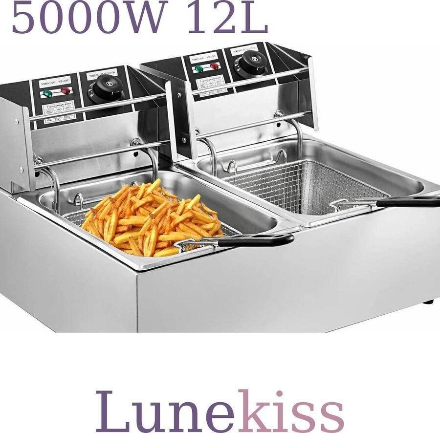 Lunekiss Professionele Dubbele Friteuse 12L – 2×6L – 5000W RVS Elektrische Friteuse met Thermostaat voor Friet & Snacks