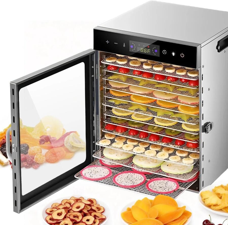 Lunekiss Voedseldroger 12 Trays RVS304 800W – Dehydrator 30-90°C – 24u Timer – Kijkvenster – Touchscreen – Licht – Jerky