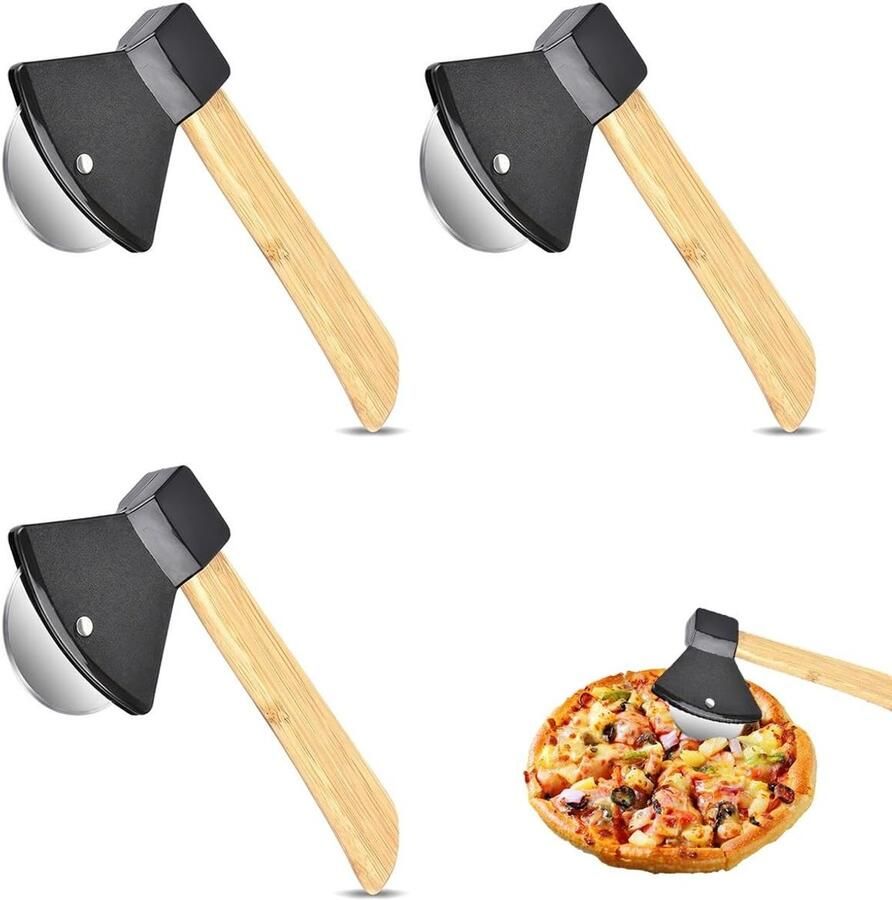 Lustige Pizza Snijder in de Vorm van een Bijl met Houten Handvat Set van 3 Stuks voor Perfecte Pizza's en BBQ Snacks