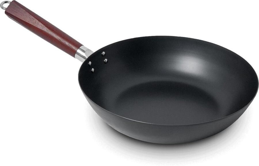 Luxe Wokpan Carbonstaal Pan Aziatisch Koken Houten Handvat 30 cm Zwart