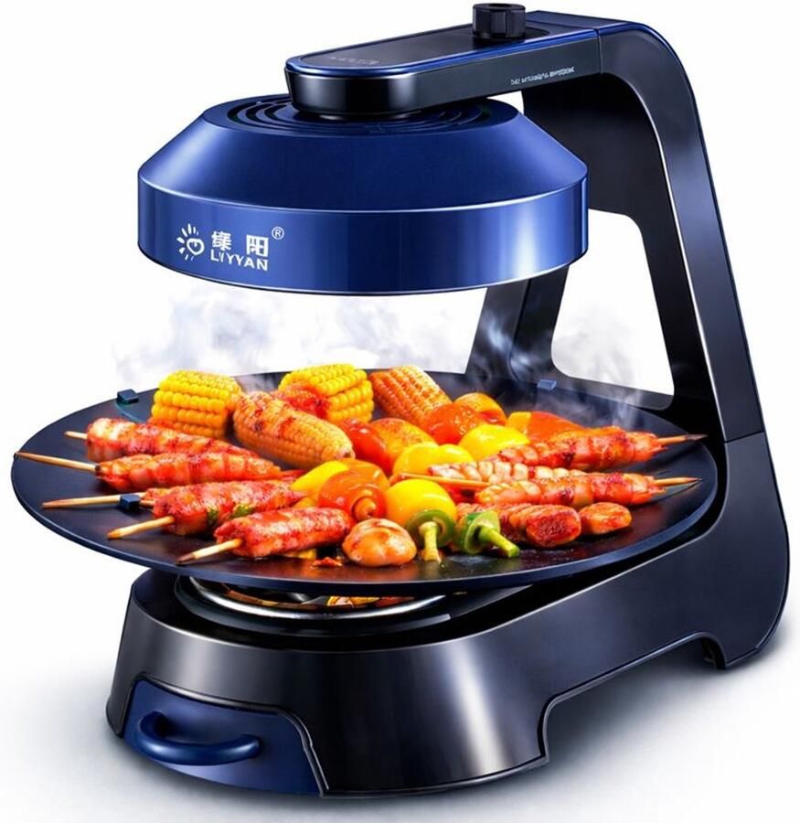 Lvyang–Infrarood Elektrische BBQ Grill 36cm Ø –Rookvrij 3D BBQ 360° Draaibare Bakplaat 2 Warmtestanden 695W 1390W Koolstofvezel Infraroodfilament Ingebouwde Opbergbox voor Olie Mechanische Bediening Blauw