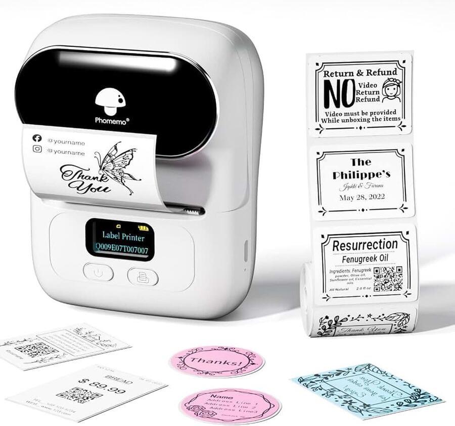 M110 labelprinter mini-thermo sticker machine mobiele bluetooth printer voor barcode kleding sieraden detailhandel adres compatibel met Android & iOS inclusief 1 rol etiketten wit