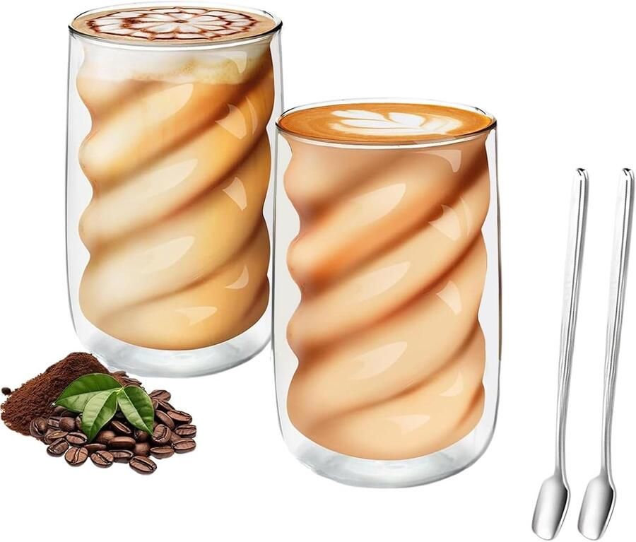 Macchiato Bubble glazenset 2 x 350 ml dubbelwandige Bubble koffieglazen met 2 lepels cappuccino thermoglazen voor latte macchiato thee melk bier