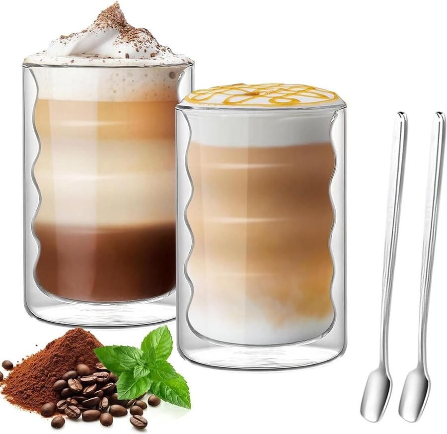 Macchiato Bubble glazenset 2 x 400 ml dubbelwandige Bubble koffieglazen met 2 lepels cappuccino thermoglazen voor latte macchiato thee melk bier