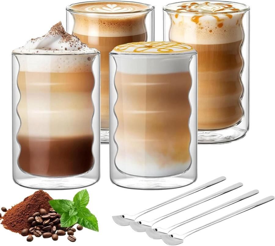 Macchiato Bubble glazenset 4 x 400 ml dubbelwandige Bubble koffieglazen met 2 lepels cappuccino thermoglazen voor latte macchiato thee melk bier
