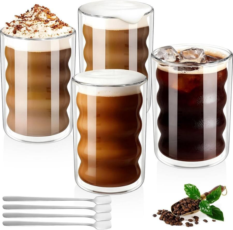 Macchiato dubbelwandige glazen met 4 roerlepels spiraalvormig dubbelwandige thermoglazen koffieglazen isolerende glazen voor espresso cappuccinoglazen ijskoffie thee set van 4