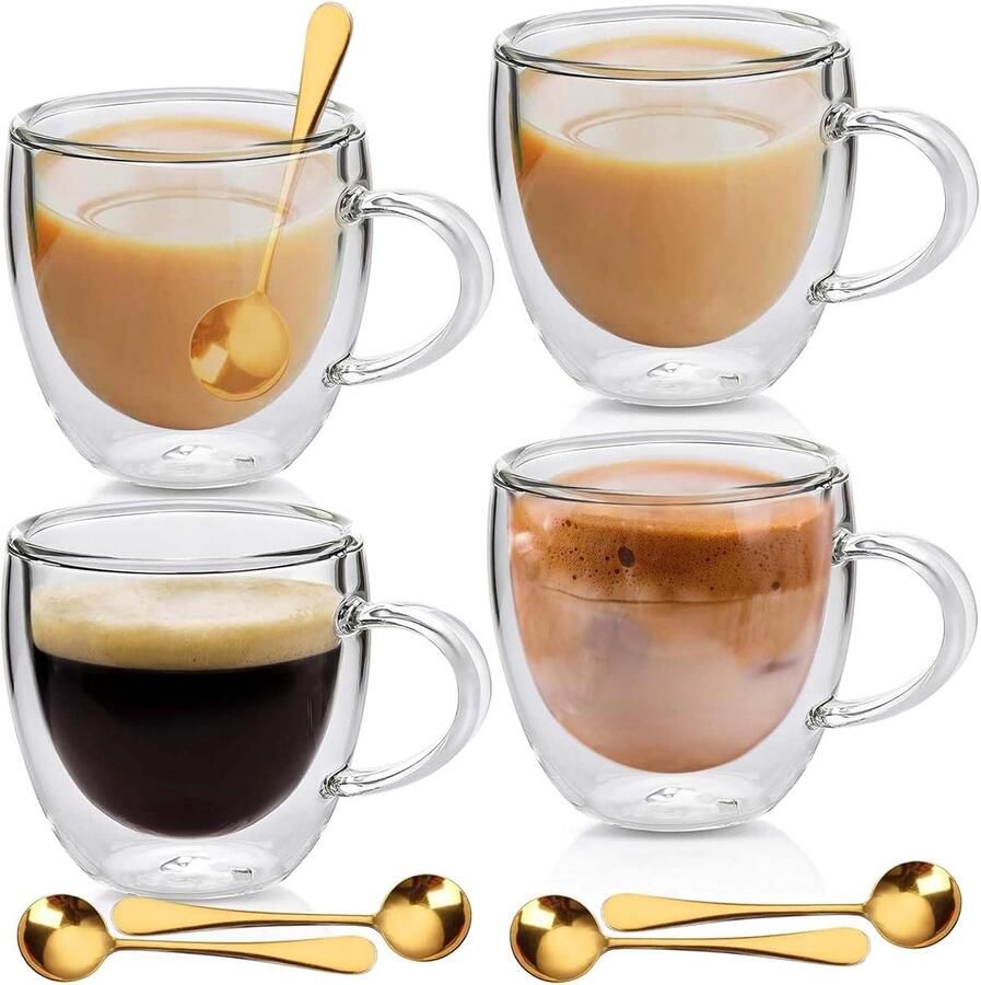 Macchiato Dubbelwandige koffiemokkenset 4 glazen van 250 ml met 4 lepels cappuccino thermoglazen van glas