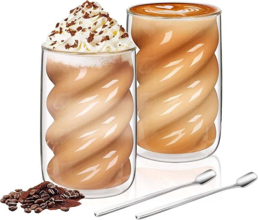 Macchiato- en Cappuccino-glazen 350 ml set van 4 met 4 lepels borosilicaatglas isolerend