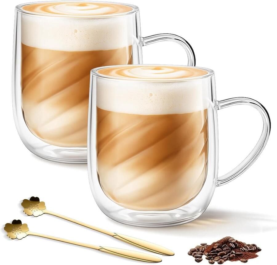 Macchiato-glazen 350 ml dubbelwandige thermoglazen van borosilicaatglas met handvat en lepel koffieglazen voor cappuccino thee espresso melk en warme dranken (2 stuks)