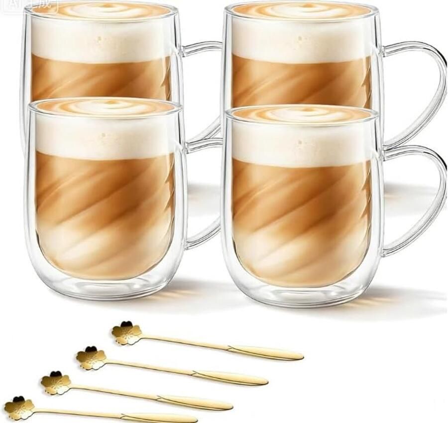 Macchiato glazen dubbelwandig 350 ml 4 dubbelwandige koffieglazen met handvat en lepels van borosilicaatglas dubbelwandige glazen voor cappuccino thee espresso melk