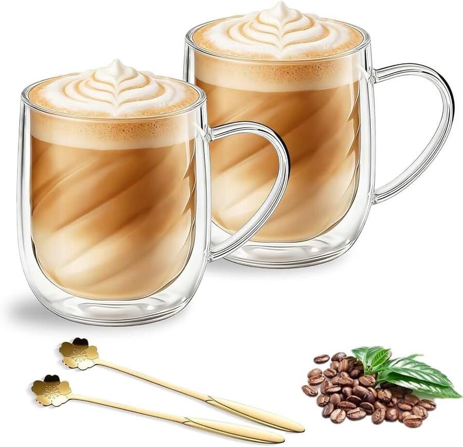 Macchiato-glazen dubbelwandig 350 ml dubbelwandige koffieglazen met hendel en lepels van borosilicaatglas dubbelwandige glazen voor cappuccino thee espresso melk (set van 2 × 350