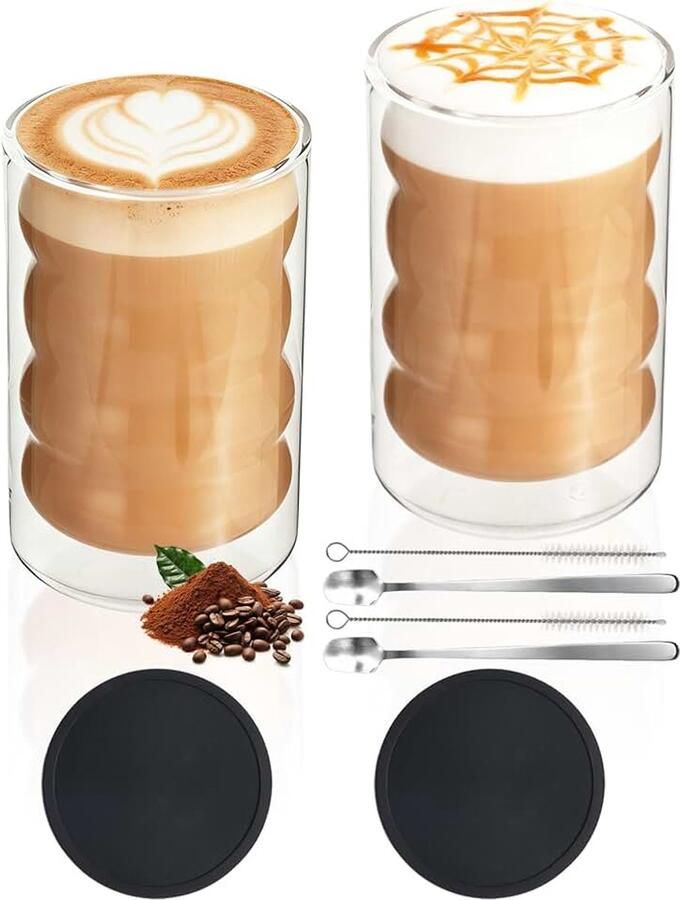 Macchiato glazen dubbelwandig 350 ml set van 2 thermoglazen van borosilicaatglas met lepels en onderzetters koffieglazen voor cappuccino melk thee