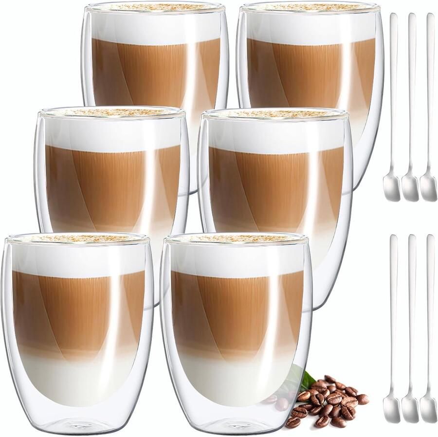 Macchiato-Glazen Dubbelwandig (6 x 350 ml) Thermoglazen voor Cappuccino Latte IJs Melk Sap Met Lepel
